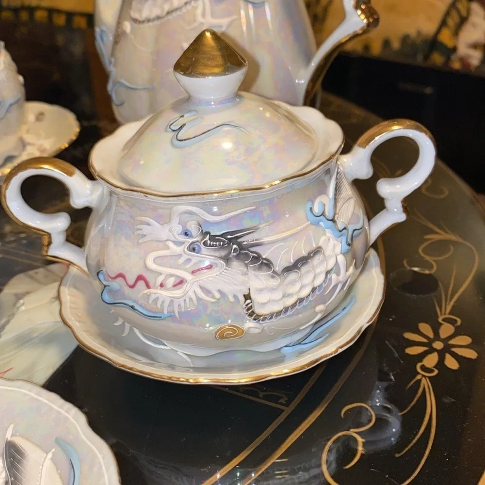 Vintage Luster Dragon Tea Set 4 Cups, 6 Saucers, Tea Pot/Creamer/Sugar Japan